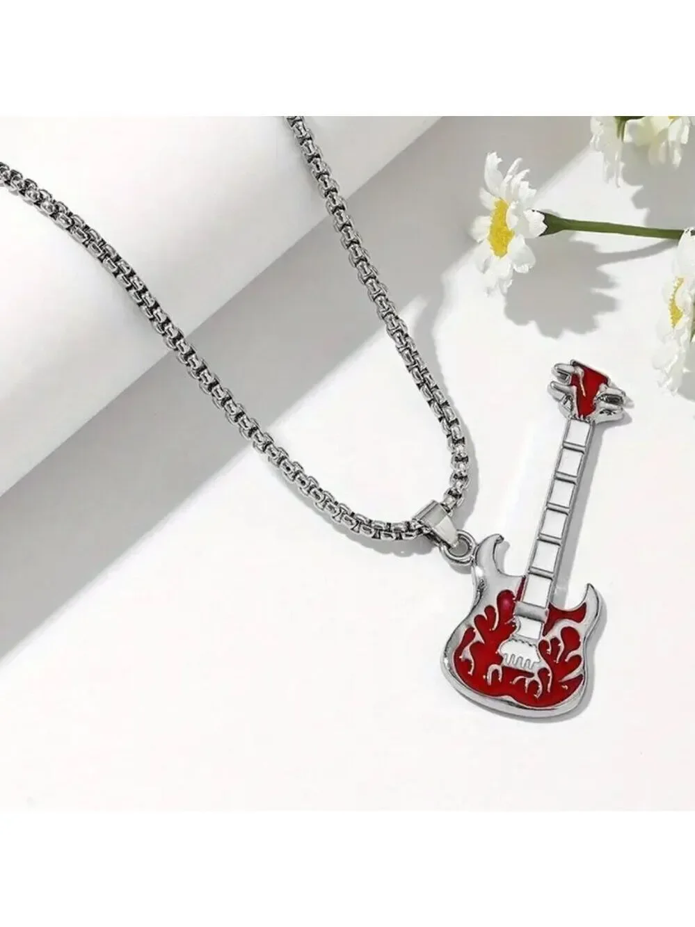 Emerald Green Flaming Guitar with White Neck Rocker Necklace and Pendant 1559